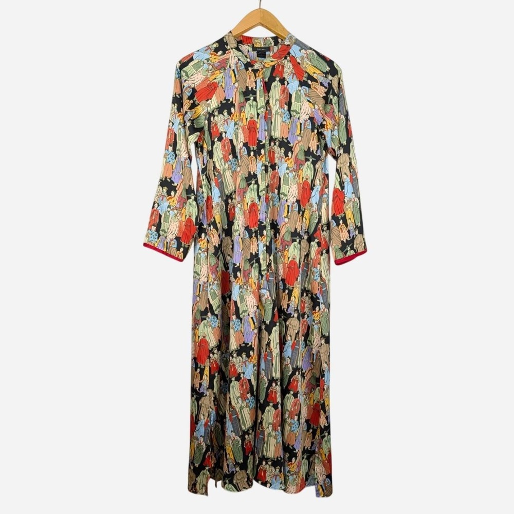 Natori Dynasty Crowded City Satin Zip Caftan Mandarin Collar Small